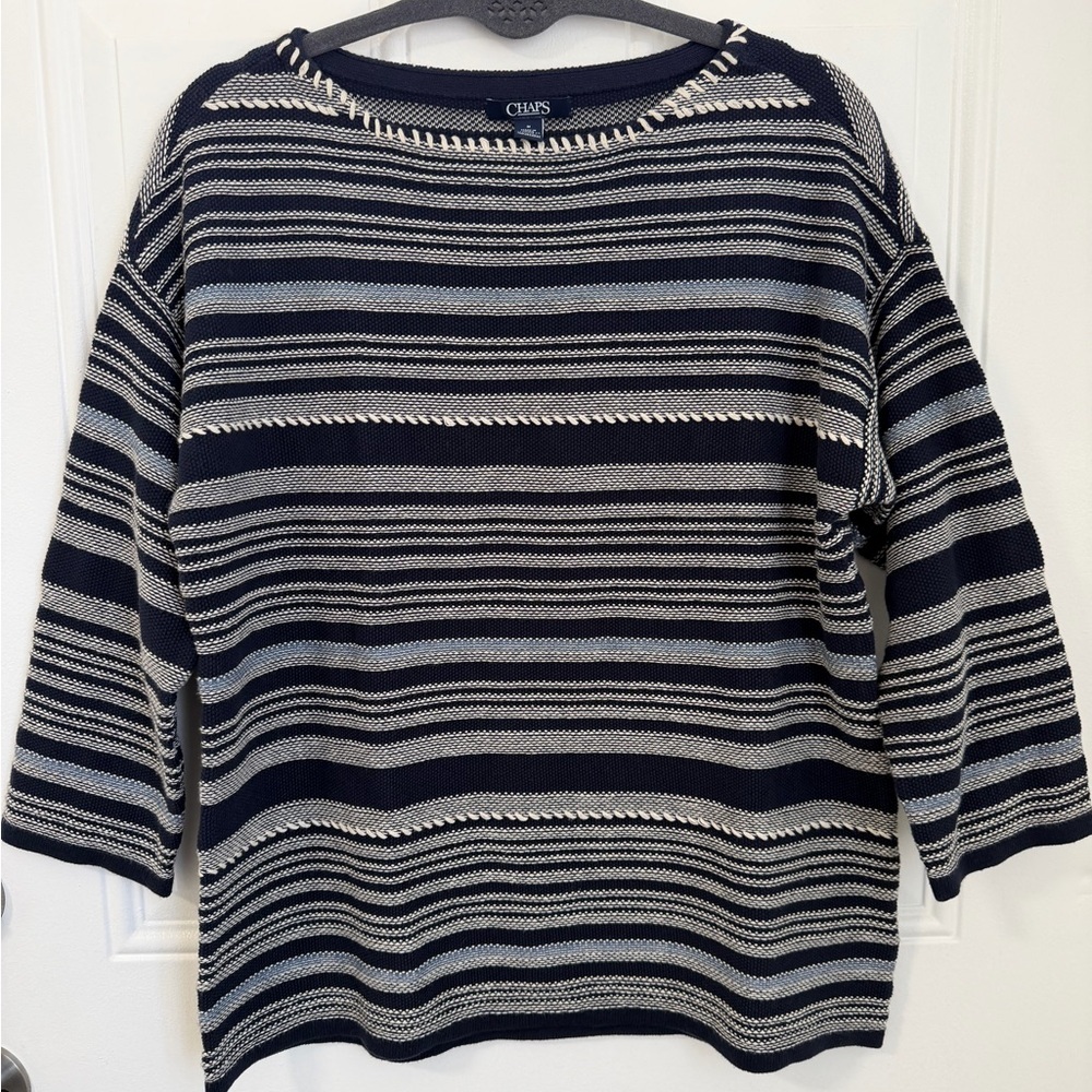 Chaps Ralph Lauren Striped Knit Sweater Blue White Crewneck Size M
